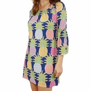 SIMPLY SOUTHERN Preppy Tropical Bell Sleeve Colorful Pineapple Mini Dress Size S